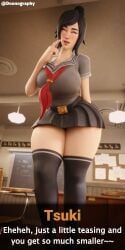 3d black_hair blender breasts cleavage dialogue dialogue_box doonography female female_focus female_only fortnite fortnite:_battle_royale giantess growth looking_at_viewer school_uniform schoolgirl sequence short_skirt skirt talking_to_viewer teasing text thick_thighs thighhighs thighs tsuki_(fortnite) watermark