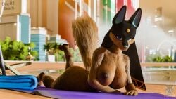 16:9 3d anthro anubis_(furromantic) anubis_(pal) areola ass beach big_breasts blender_(artwork) blender_cycles blue_eyes breasts canid canine canis city city_background digital_media_(artwork) female foxibiki fur hi_res jackal looking_at_viewer mammal nipples nude pal_(species) palworld paws pocketpair sfmtember sfmtember24 smile solo tail terra_(furromantic) towel widescreen