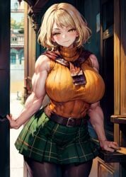 1girls ai_generated ashley_graham ashley_graham_(brooke_elizabeth_mathieson) bangs belt biceps blonde_female blonde_hair blush brown_eyes covered_navel female female_only half-closed_eyes happy human looking_at_viewer muscular muscular_arms muscular_female orange_eyes plaid_skirt pleated_skirt resident_evil resident_evil_4 scarf skirt sleeveless sleeveless_turtleneck smile smug smug_face smug_smile solo solo_female stable_diffusion standing tampopo toned toned_female turtleneck yellow_eyes