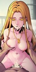 ai_generated blonde_hair blonde_hair_female ceremon_vaughan cowgirl_position cum cum_on_face hero_killer self_upload sex vaginal_penetration victoria_(hero_killer) webtoon yellow_eyes