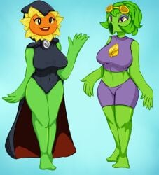 1girls 2girls anthro anthrofied ass breasts female flora_fauna freckles green_shadow_(pvz) milk peashooter_(pvz) plant plant_girl plant_humanoid plantie plants_vs_zombies popcap_games pussy solar_flare_(pvz) sunflower_(pvz) tight_clothing