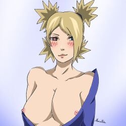 1female big_breasts blonde_female blonde_hair blonde_hair_female blue_clothing blue_eyes blush blush_lines blushing_female boruto:_naruto_next_generations breasts breasts_out breasts_out_of_clothes clothed clothed_female clothes clothes_down clothing female female_focus female_only heart-shaped_pupils maristea pink_nipples shiny_lips signature simple_background smile standing temari