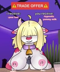 anthro anykoe bell bell_collar blonde_hair bodily_fluids bovid bovine breast_milking breasts collar cowbell demon female hair horn hypnosis hypnotizing_viewer ipnosa_(dial_liyon) lactating looking_at_viewer looking_pleasured mammal meme milk mind_control signature smile solo text trade_offer