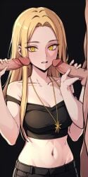 ai_generated blonde_hair blonde_hair_female ceremon_vaughan handjob hero_killer masturbating_other masturbation self_upload victoria_(hero_killer) webtoon yellow_eyes