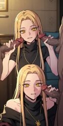 ai_generated blonde_hair blonde_hair_female ceremon_vaughan double_handjob handjob hero_killer self_upload victoria_(hero_killer) webtoon yellow_eyes