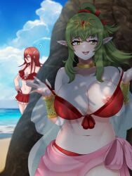 2girls breast_peek breasts cordelia_(fire_emblem) female fire_emblem fire_emblem_awakening fire_emblem_heroes green_hair hidden incognigoat large_breasts nipple_peek ponytail red_swimsuit removing_clothing sarong smiling_at_viewer swimsuit swimsuit_aside tiki_(fire_emblem) tiki_(fire_emblem)_(adult)