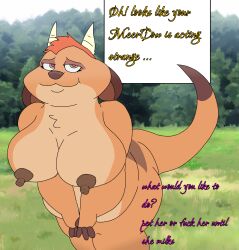 anthro big_ass big_belly big_breasts big_nipples big_thighs chubby chubby_anthro chubby_female cow_girl disney furry furry_female grass_field herpestid horns mammal mammal_humanoid mature_female meerkat milf question roleplay self_upload the_lion_king the_lion_king_1½ timon's_mom