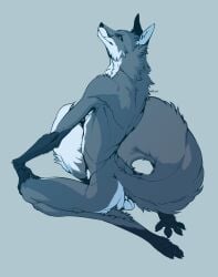 anthro ass balls black_arms black_paws canid canine canis digital_media_(artwork) fluffy fluffy_tail fox fur genitals happy hi_res looking_at_viewer male mammal monochrome nude paws sitting slim solo tail wikar_(artist)