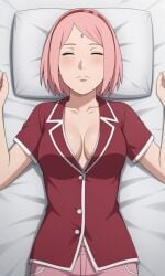 aged_up ai_generated ass bare_legs barefoot bigmic145 boruto:_naruto_next_generations breasts closed_eyes female female_only medium_breasts naruto naruto_(series) pajamas pink_hair sakura_haruno short_hair sleeping