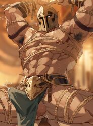 1boy abs armpit_hair biceps blurry blurry_background blush bondage bound bulge cum ejaculation erection erection_under_clothes gay gomihebi helmet highres loincloth looking_at_viewer male male_only motion_lines muscular muscular_male nipple_piercing nipple_rings original piercing sweat testicles