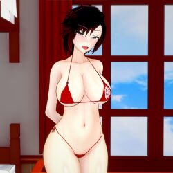 1girls 3d arms_behind_back big_breasts bikini bikini_bottom bikini_top black_hair black_hair_female breasts busty child_bearing_hips curvy female female_only large_breasts looking_at_viewer navel pose posing red_bikini ruby_rose rwby sensual silver_eyes thong_bikini