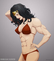 abs belly black_hair blue_eyes breasts cleavage dc dc_comics doubleleaf elee0228 female lipstick long_hair makeup muscle muscular muscular_arms muscular_female navel red_lipstick side_view sideboob solo tiara wonder_woman wonder_woman_(series)