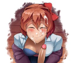 1girls breasts cum cum_on_face cum_on_hair doki_doki_literature_club eyes_closed facial female female_focus nude penis sayori_(doki_doki_literature_club) smile smiling triplestabber