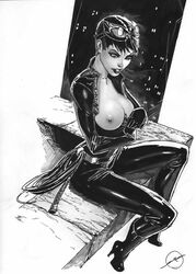 1girls 2012 batman_(series) bodysuit breasts catsuit catwoman dc dc_comics female female_only glasses high_heels large_breasts monochrome nipples selina_kyle shoes short_hair solo solo_female stjepan_sejic unzipped whip