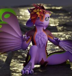 anthro avali depth_of_field ember_(troleaf24) fluffy_chest genitals hi_res huge_filesize looking_at_viewer male penis purple_body sitting sitting_on_ground solo tapering_penis troleaf24 wings