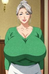 ai_generated breasts breasts_bigger_than_head bunny_ears cleavage collarbone elderly_female female gilf grandma grandmother huge_breasts mature_female milf older_female solo sweater ultrahentaisai