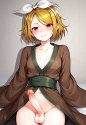 1futa 1girls ai_generated bed_sheet blonde_hair blush bow breasts brown_kimono cowboy_shot erection female full-package_futanari futa_only futanari green_sash hair_ribbon hairband hassaku_(model) japanese_clothes kimono long_sleeves looking_at_viewer masa_works_design milua navel on_bed oni_to_kitsune_no_hanashi open_clothes open_kimono parted_lips penis red_eyes ribbon scrotum self_upload shikyou_(onibi_series) short_hair sitting small_breasts solo solo_futa swept_bangs testicles uncensored white_ribbon wide_sleeves