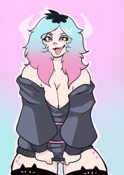 1girls big_breasts blue_hair emberlynn_pinkle emberlynn_pinkle_(human_form) exposed_breasts female female_focus female_only freckles gradient_background gradient_hair heart-shaped_pupils helluva_boss light_skin thick_thighs tongue_out warclericemily