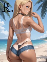 ai_generated ass big_ass big_thighs blonde_hair choker denim_shorts female realor rear_view small_waist solo summer tan_body tanline