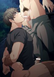 2boys arms_behind_back blush bottomless bound_legs bound_wrists boy_rape brown_hair erection facial_hair frogtie hihumi image_set male_focus male_only malesub multiple_boys outdoors penis pubic_hair restrained solo_focus spread_legs sweat tape yaoi