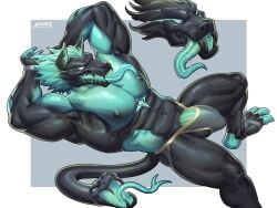 abs amon-sydonai anthro balls biceps big_bulge bulge bulge_through_clothing canid canine canis cerberus cerberus_(fortnite) demon epic_games erection_under_clothes fortnite jockstrap male male_nipples male_only muscular_anthro muscular_male nipples pecs penis penis_outline underwear wolf