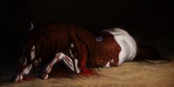 2:1 absurd_res ambiguous_gender arrow_wound black_background blood blood_on_ground blue_eyes bodily_fluids brown_body brown_fur brown_mane brown_tail crying equid equine feral fur hi_res horse lying mammal mane on_front scarla_(scarlanya) scarlanya simple_background solo tail tears white_body white_fur wounded