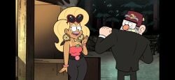 1boy 1boy1girl 1girls 1male black_pants blonde_hair darlene_(gravity_falls) duo earrings female glasses gravity_falls hat male milf no_sex pink_shirt screenshot stanley_pines suit tan_body tanline thick_thighs