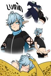 anthro blue_hair cunnilingus deepthroat elf elf_boy femboy futa_on_male futanari hung_femboy lumintheelf oral orca_girl