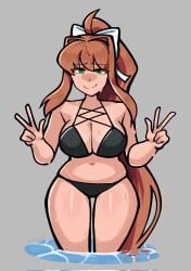 big_breasts bikini black_bikini bow breasts brown_hair cleavage doki_doki_literature_club double_peace_sign double_v green_eyes hairbow long_hair long_ponytail looking_at_viewer monika_(doki_doki_literature_club) nervous nervous_smile peace_sign ponytail skindentation sweat swimsuit swimwear tanline thick_thighs triplestabber v_sign water wet_body white_bow