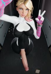 3d big_breasts big_penis blonde_hair double_peace_sign futa_only futanari gwen_stacy huge_cock marvel marvel_comics presenting_penis selfie spider-gwen spider-man_(series) superheroine veiny_penis zzzxxxccc