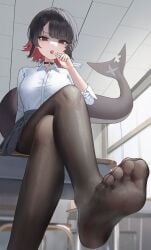 ellen_joe feet feet_fetish feet_focus pantyhose shark shark_girl shark_tail sitting tail uniform