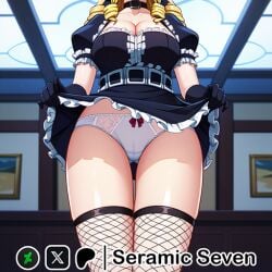 1girls 2d ai_generated big_breasts blonde_hair female female_focus female_only fishnets large_breasts lifting_skirt maid maid_outfit maid_uniform overlord_(maruyama) seramic_seven solo solo_female solo_focus solution_epsilon thick thick_thighs white_panties