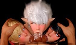 1boy 3d 3girls alisaie_leveilleur ball_sucking black_hair blonde_hair blowjob blowjob_face blue_eyes cock_worship collaborative_fellatio cooperative_fellatio cum cum_in_mouth double_ball_sucking elezen elf_ears faceless_male fffm_foursome ffxiv final_fantasy final_fantasy_xiv foursome gaia_(ffxiv) hair_ribbon hand_on_head long_hair miamira774 pointy_ears ryne_waters short_hair square_enix teamwork triple_fellatio white_hair