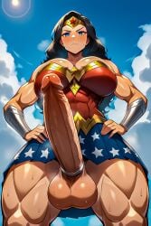 1futa ai_generated black_hair blue_eyes cock_ring dc dc_comics erect_penis erection futa_only futa_sans_pussy futanari hands_on_hips hi_res huge_balls huge_cock light_skin looking_at_viewer marrielobste muscular_futanari muscular_thighs self_upload superhero_costume superheroine sweat thick_thighs wonder_woman