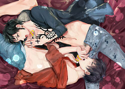 2boys 69 censored gay male male_only monkey_d_luffy multiple_boys one_piece open_clothes open_shirt oral penis shirt tattoo trafalgar_law yaoi yuu_(1969loy)