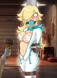 ball_gag biker_clothes blonde_hair blush bondage gagged hitachi_magic_wand large_breasts lipstick mario_(series) mario_kart nintendo nipple_pasties princess_rosalina reddumpster shocked shocked_expression vibrator