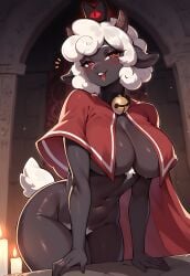 1girls 2024 2024s ai_generated anthro bell_collar belly_button big_breasts black_body black_crown blush bovid bovine breast_curtains breasts cape caprine collar cult_of_the_lamb eyelashes female female_focus female_only furry furry_female half-closed_eyes huge_breasts kotcfacu lamb lamb_(cult_of_the_lamb) leaning_forward mammal massive_monster_(studio) navel neck_bell open_mouth open_smile pony_diffusion_(model) pony_diffusion_xl red_cape red_capelet red_crown_(cult_of_the_lamb) red_eyes sheep sheep_ears sheep_girl sheep_horns sheep_tail smile solo stable_diffusion sweat sweatdrop tail teeth thick_thighs thighs video_games white_hair white_wool wide_hips wool_(fur)