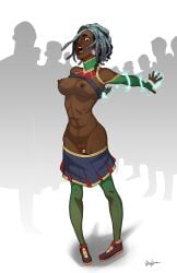 african african_female arm_pulled_back arm_restrain artist_name artist_signature ashmount breasts_out cheerleader cheerleader_outfit cheerleader_uniform crowd dark-skinned_female dark_skin disclaimer earrings facepaint female female_focus hair_ornament harry_potter ilvermorny louisiana nudity open_mouth original_character pukwudgie_(harry_potter) pukwudgie_(house) pussy_exposed shocked shocked_expression shocked_face skirt skirt_down top_lift witch_doctor wizarding_world