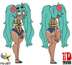 accessories aqua_eyes aqua_hair big_ass big_butt blouse brazil brazilian brazilian_female brazilian_miku breasts cartoon clothed clothing denim_shorts different_artstyle hatsune_miku jewelry latin_american_hatsune_miku_(meme) latina lipstick long_hair medium_breasts navel_piercing pointer_warrior_xxx sandals simple_coloring smile sunglasses_on_head tanned_girl tanned_skin thick_thighs very_long_hair vocaloid