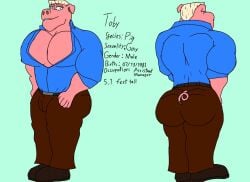 belt big_ass big_booty big_pecs blonde_hair brown_pants bulge buttons cleavage dress_pants dress_shirt dress_shoes giovannidrawing muscles original_character pec_cleavage pectorals penis_bulge pig pig_tail slightly_chubby slightly_chubby_male toby_(giovannidrawing)