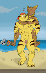 2013 anthro ash_(kiriyama1084) balls beach biceps big_muscles carrying chance_furlong feline fish fur furry furry_only group jake_clawson lombax male male_only mammal marine multiple_males muscular muscular_male navel nipples nude outside penis piggyback rthur seaside shark smile swat_kats video_games