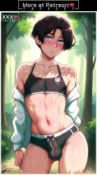 1boy 1femboy abs abstract_background ai_generated attack_on_titan blush blushing bulge bulge_through_clothing cute edited erection_under_clothes femboy feminine_male gay girly horny levi_ackerman logo male male-focus male_only otoko_no_ko patreon sports_bra taffeet thin_waist trap yaoi