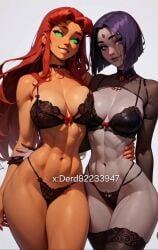 ai_generated ass body_hair boobs_out bra breasts cum curvy purple_hair pussy raven_(dc) red_hair sex starfire teen_titans