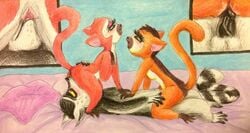 1boy 2girls all_hail_king_julien anal anal_sex bed clover_(madagascar) crimson_(madagascar) cunnilingus dreamworks furry furry_only king_julien madagascar_(series) pillow puku83 pussy_licking sex sisters tagme twins