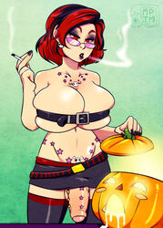 1futa beltbra breasts bursting_breasts cigarette earrings flaccid foreskin futa_only futanari genital_piercing glasses halloween intersex large_breasts large_penis mey-mey miniskirt my_pet_tentacle_monster navel penis penis_piercing penis_under_skirt piercing red_eyes red_hair short_hair skimpy skindentation skirt smoking smoking_fetish solo standing tattoo testicles thighhighs