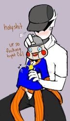 1boy blush bro_strider clothed cum_through_clothes dirk_strider holding_doll homestuck lil_cal lil_cal_(homestuck) mspaintadventures penetration precum precum_inside puppet strilalonder stuffing_(material) sunglasses