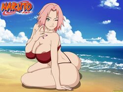 areola ass beach bikini breast_press breasts cleavage covered_nipples dat_ass dissel female female_only green_eyes huge_ass huge_breasts human naruto naruto_shippuden one_eye_closed outdoors pink_hair sakura_haruno seaside short_hair sitting smile solo spiky_hair water