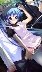 blue_hair blush censored game_cg handjob ichapuri! maid penis red_eyes smile tagme thighhighs train train_interior wakatsuki_sumireko