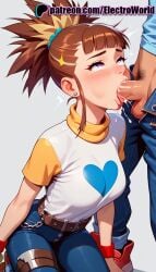 1boy 1girls ai_generated balls bandai_namco big_penis blowjob blush bodily_fluids breasts brown_hair bukkake cock cum cum_in_mouth cum_inside cute deep_blowjob deepthroat deepthroat_holder deepthroat_no_hands dick digimon dominant_pov drooling electroworld eye_contact fellatio female female_focus fringe ginger handjob hands-free hands_on_head head_grab innocent japanese licking licking_penis long_penis male male/female oral oral_penetration orange_hair pale-skinned_female penis petite ponytail purple_eyes rika_nonaka rolling_eyes saliva saliva_trail semen skinny slim teenager throat_bulge tight_throat tongue_out white_background young