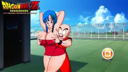 1boy 1girls bimbo blue_eyes blue_hair breasts clothed detailed_background dissel dragon_ball dragon_ball_z dress duo female groping huge_breasts human krillin kuririn larger_female long_hair male maron outdoors panties size_difference smaller_male smile standing straight thick voluptuous wide_hips